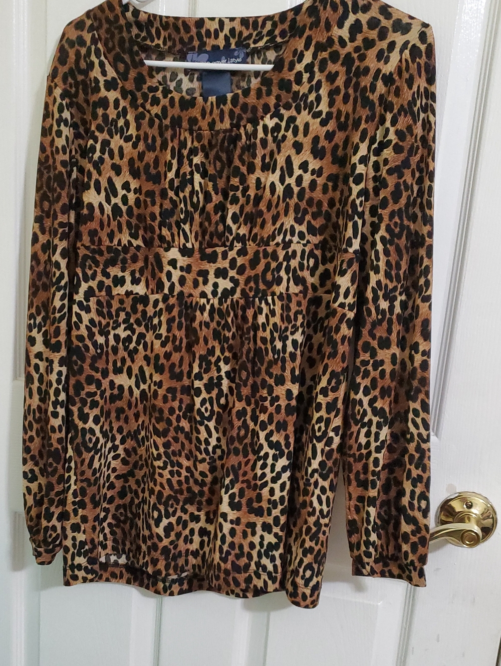 Susan Graver Brown & Black Leopard Print Balloon Sleeves Babydoll Top M